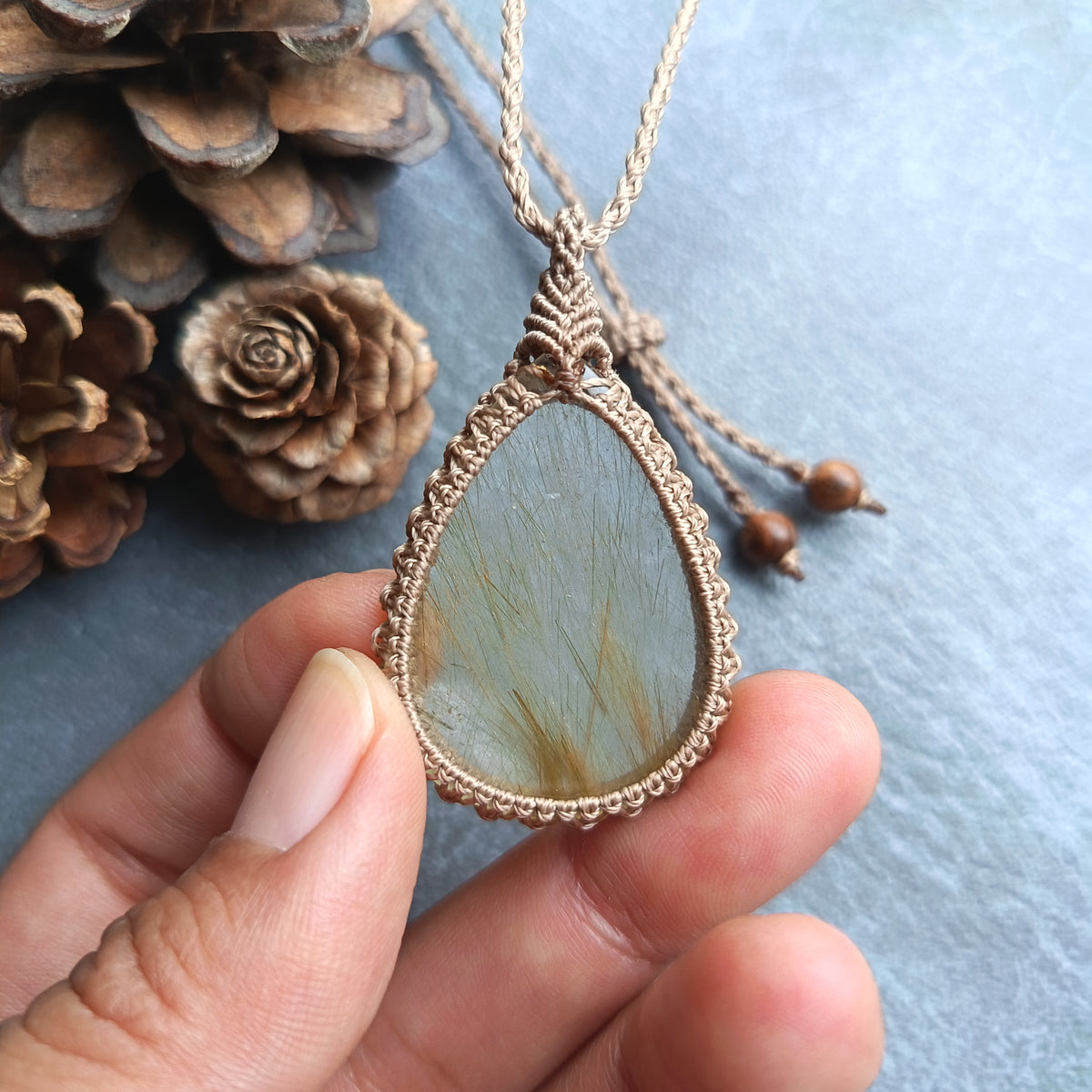 Golden Rutile Quartz Macrame Necklace | Pendant size 5 cm