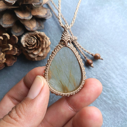 Golden Rutile Quartz Macrame Necklace | Pendant size 5 cm