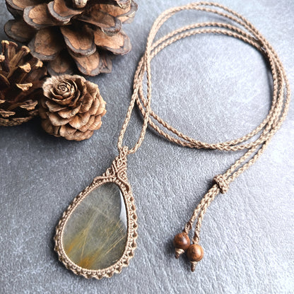 Golden Rutile Quartz Macrame Necklace | Pendant size 5 cm