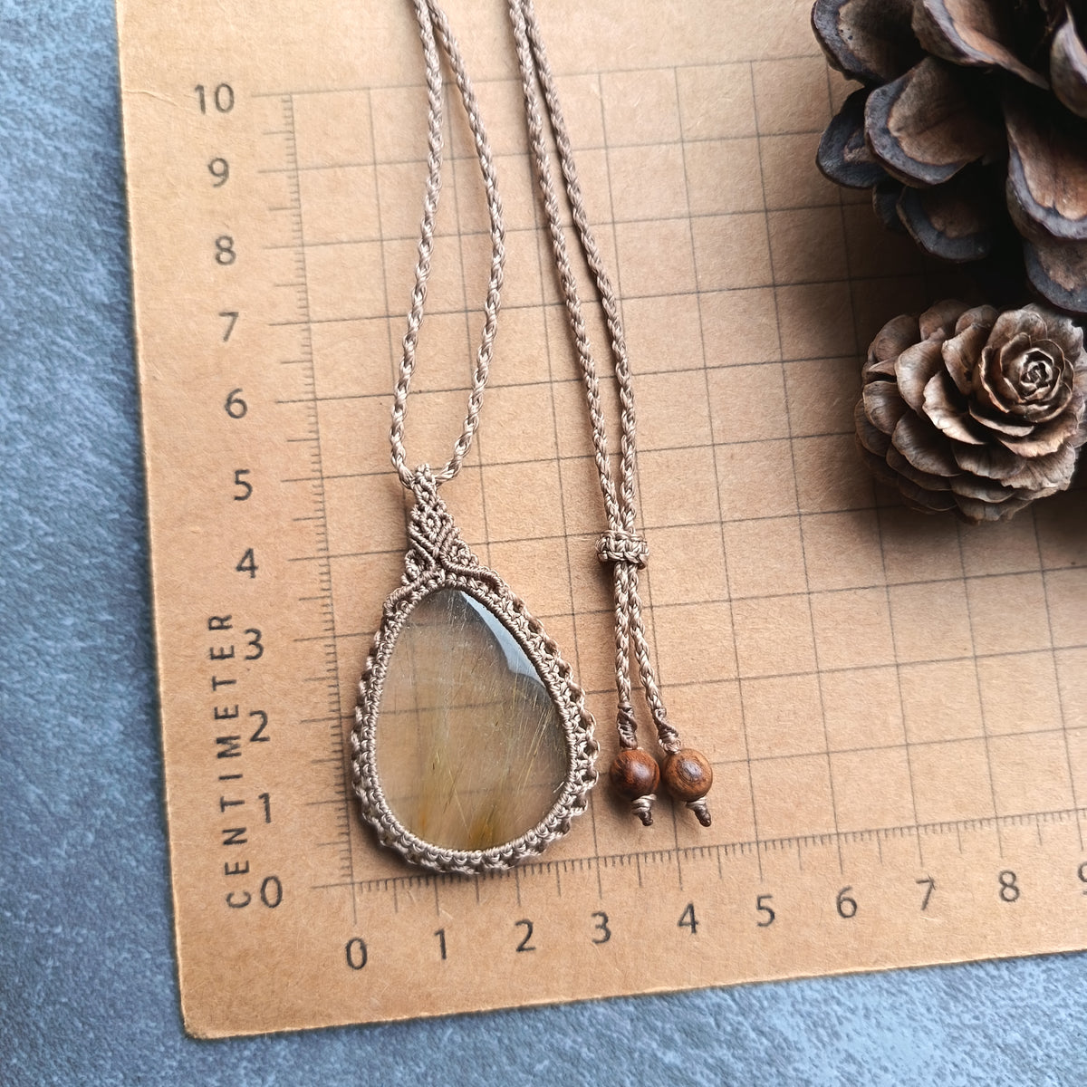 Golden Rutile Quartz Macrame Necklace | Pendant size 5 cm