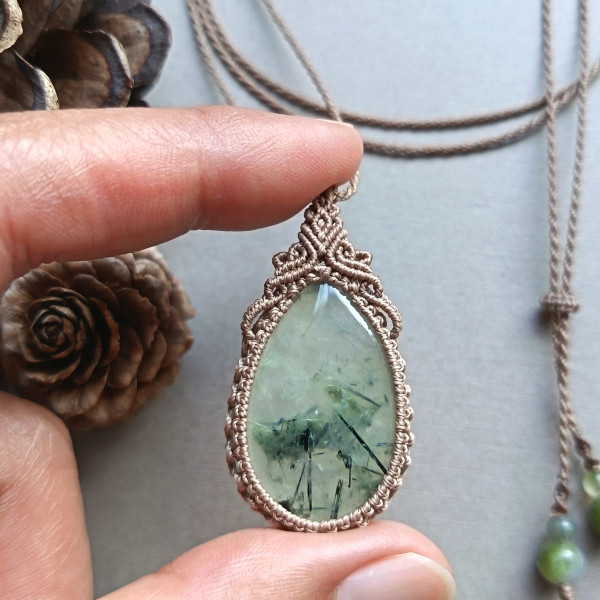 Prehnite Macrame Necklace | Pendant size 4.5 cm