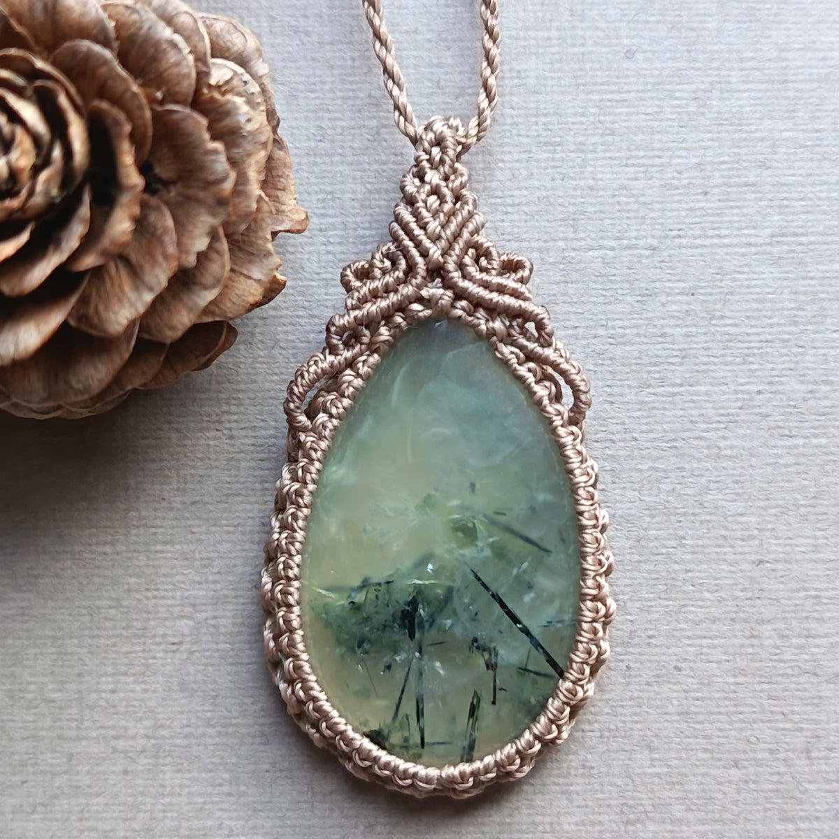 Prehnite Macrame Necklace | Pendant size 4.5 cm