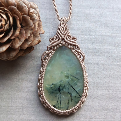 Prehnite Macrame Necklace | Pendant size 4.5 cm