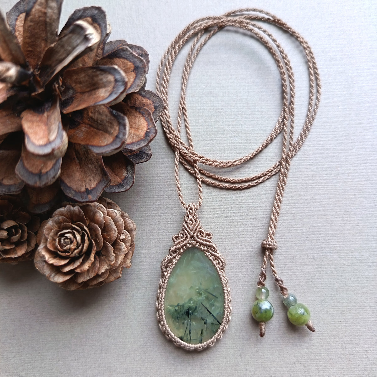 Prehnite Macrame Necklace | Pendant size 4.5 cm