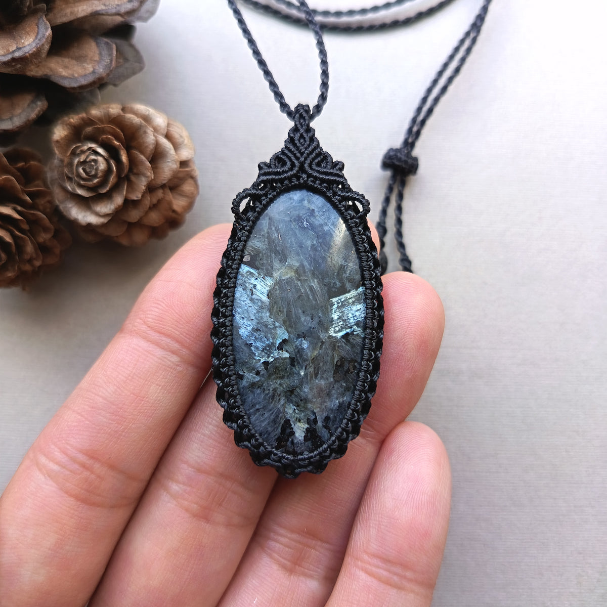 Larvikite Macrame Necklace | Pendant size 6 cm