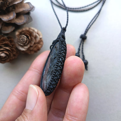 Larvikite Macrame Necklace | Pendant size 6 cm