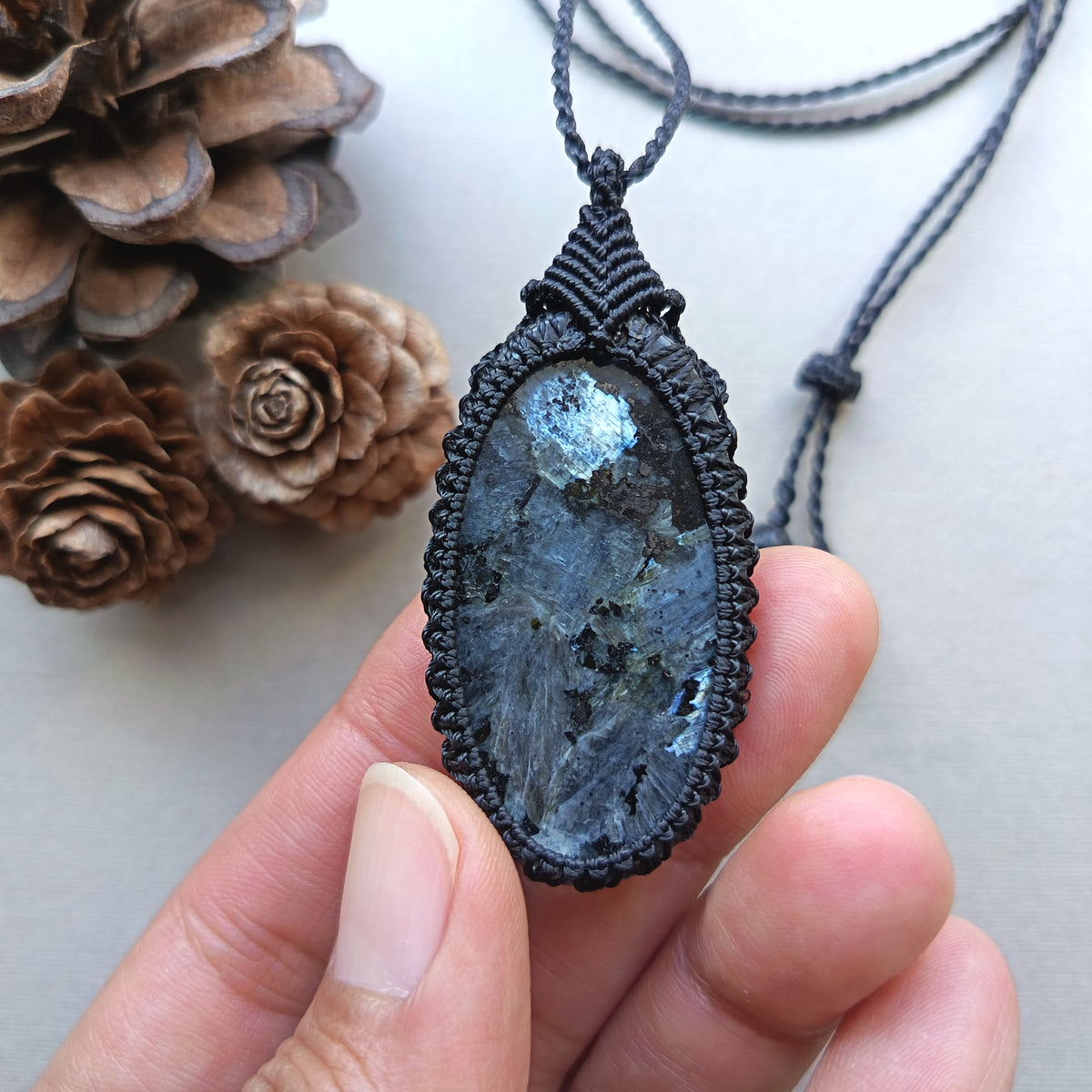 Larvikite Macrame Necklace | Pendant size 6 cm