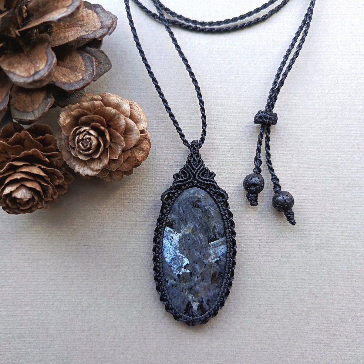 Larvikite Macrame Necklace | Pendant size 6 cm