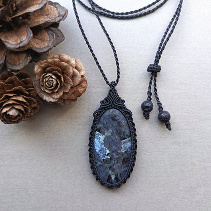 Larvikite Macrame Necklace | Pendant size 6 cm