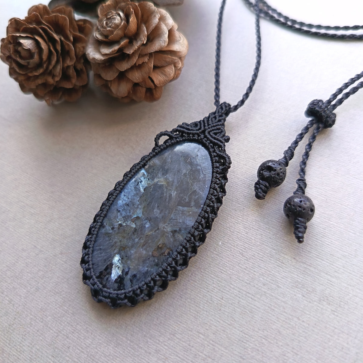 Larvikite Macrame Necklace | Pendant size 6 cm