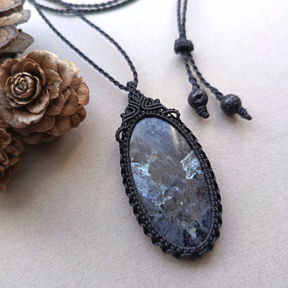Larvikite Macrame Necklace | Pendant size 6 cm