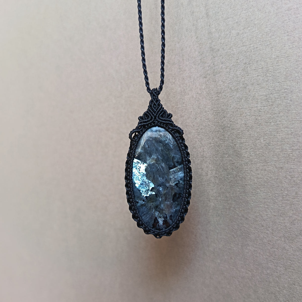 Larvikite Macrame Necklace | Pendant size 6 cm