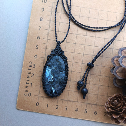 Larvikite Macrame Necklace | Pendant size 6 cm