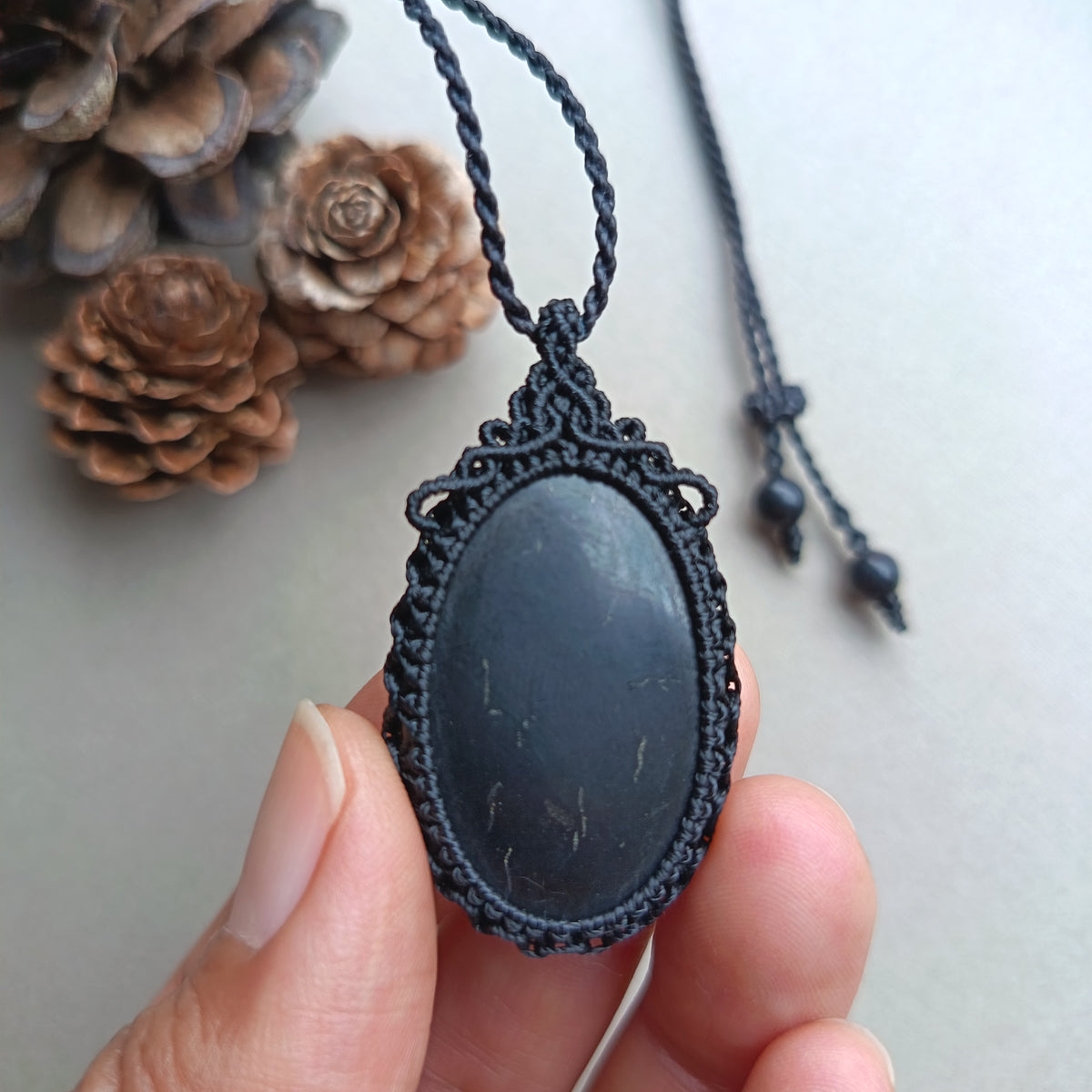 Shungite Macrame Necklace | Pendant size 4.6 cm