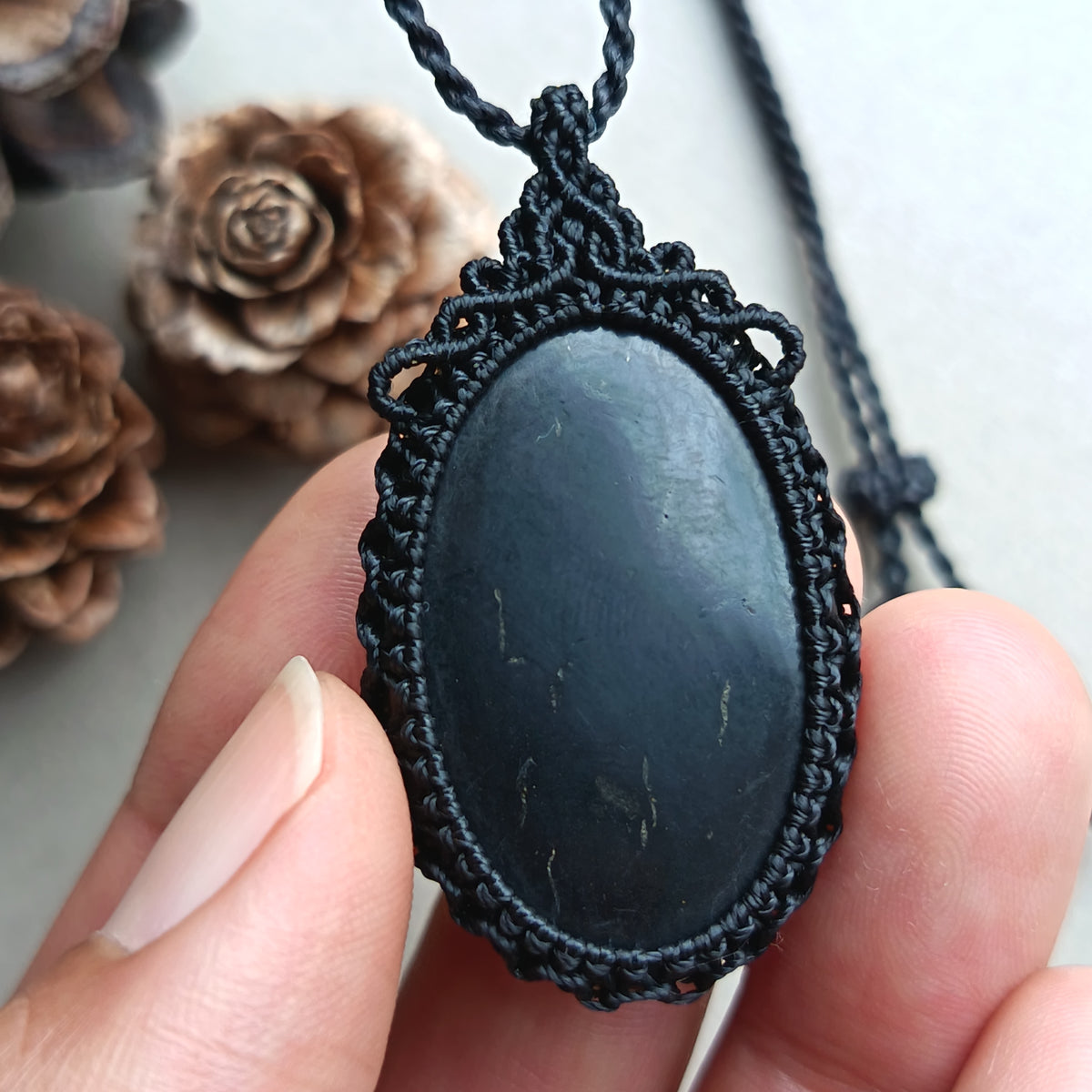 Shungite Macrame Necklace | Pendant size 4.6 cm