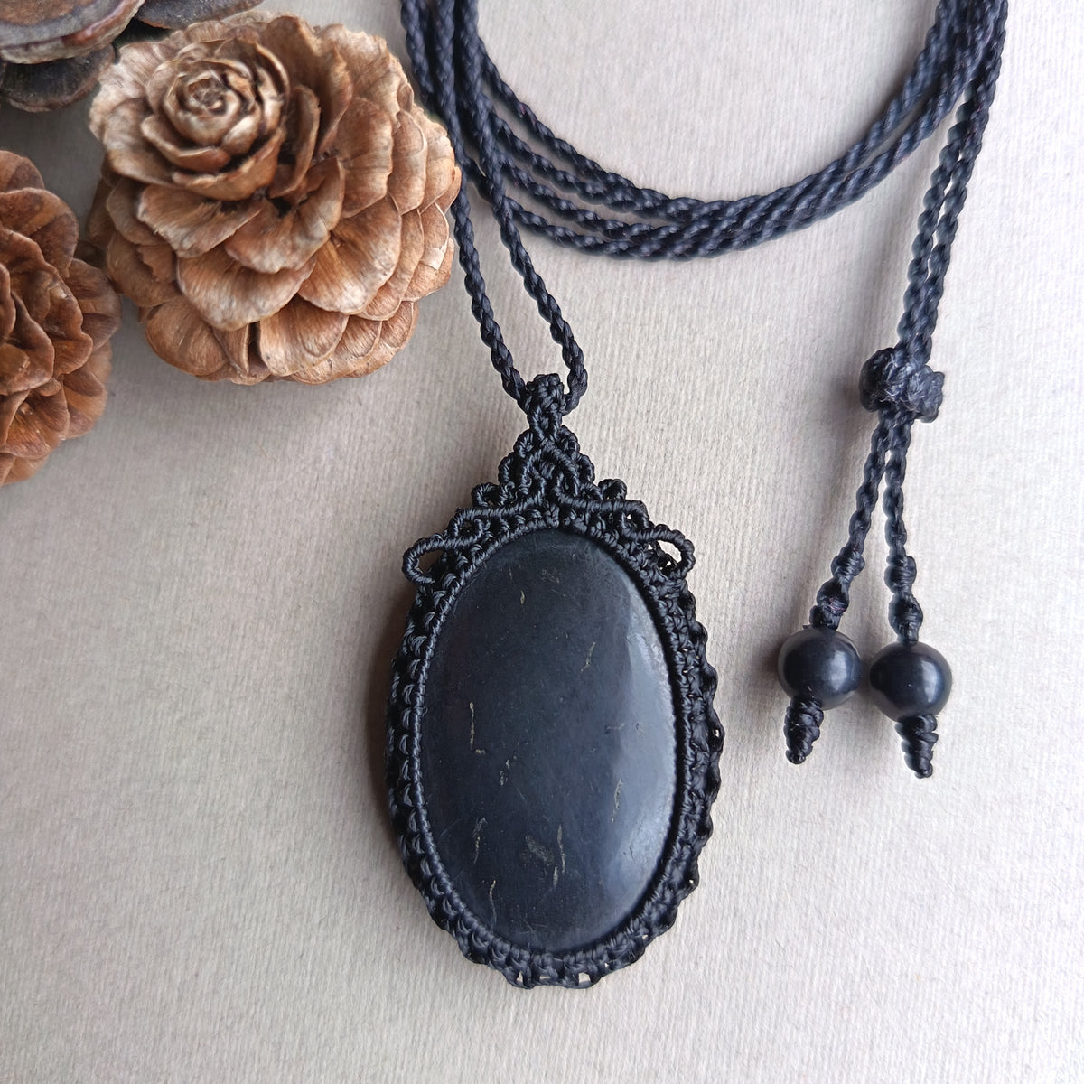 Shungite Macrame Necklace | Pendant size 4.6 cm
