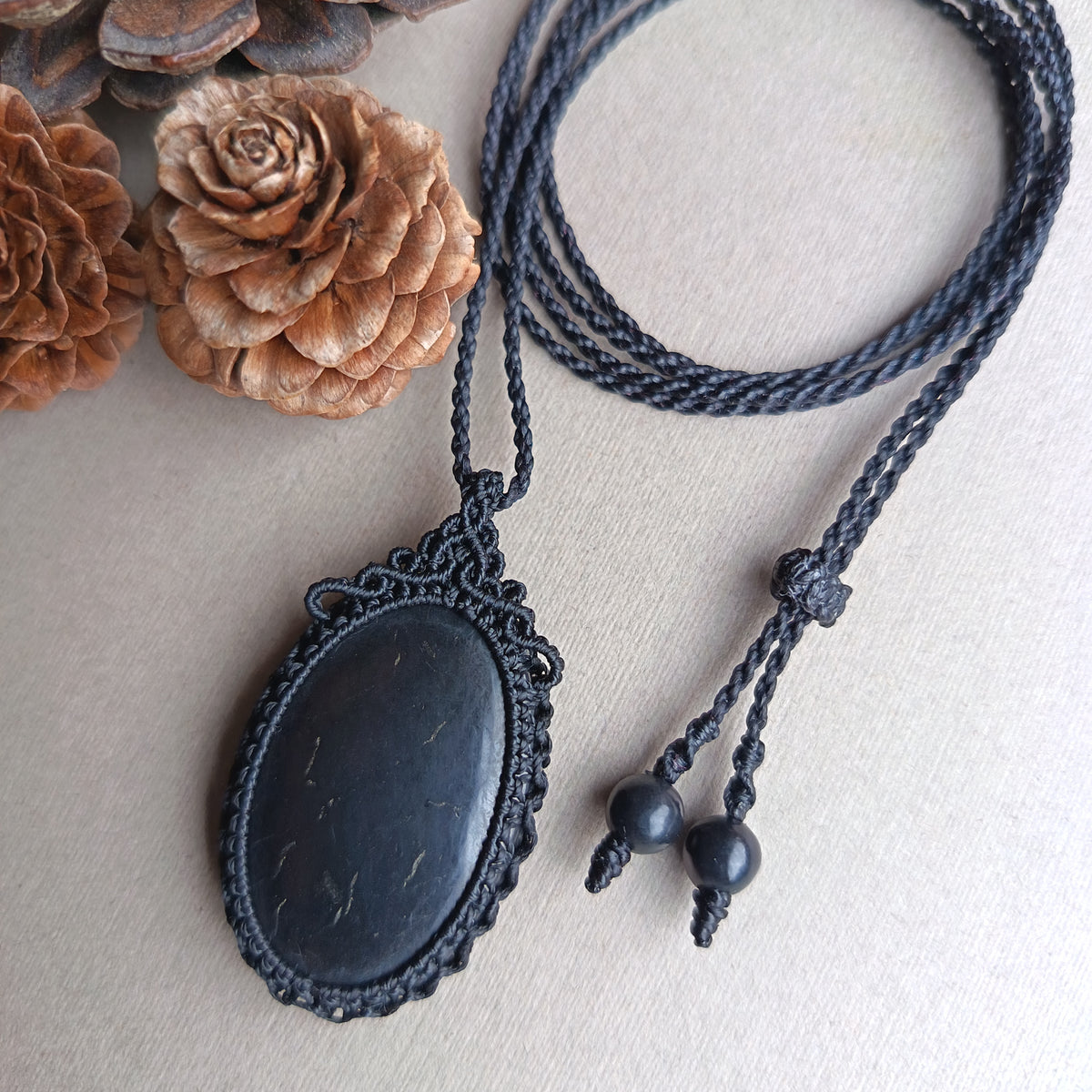 Shungite Macrame Necklace | Pendant size 4.6 cm