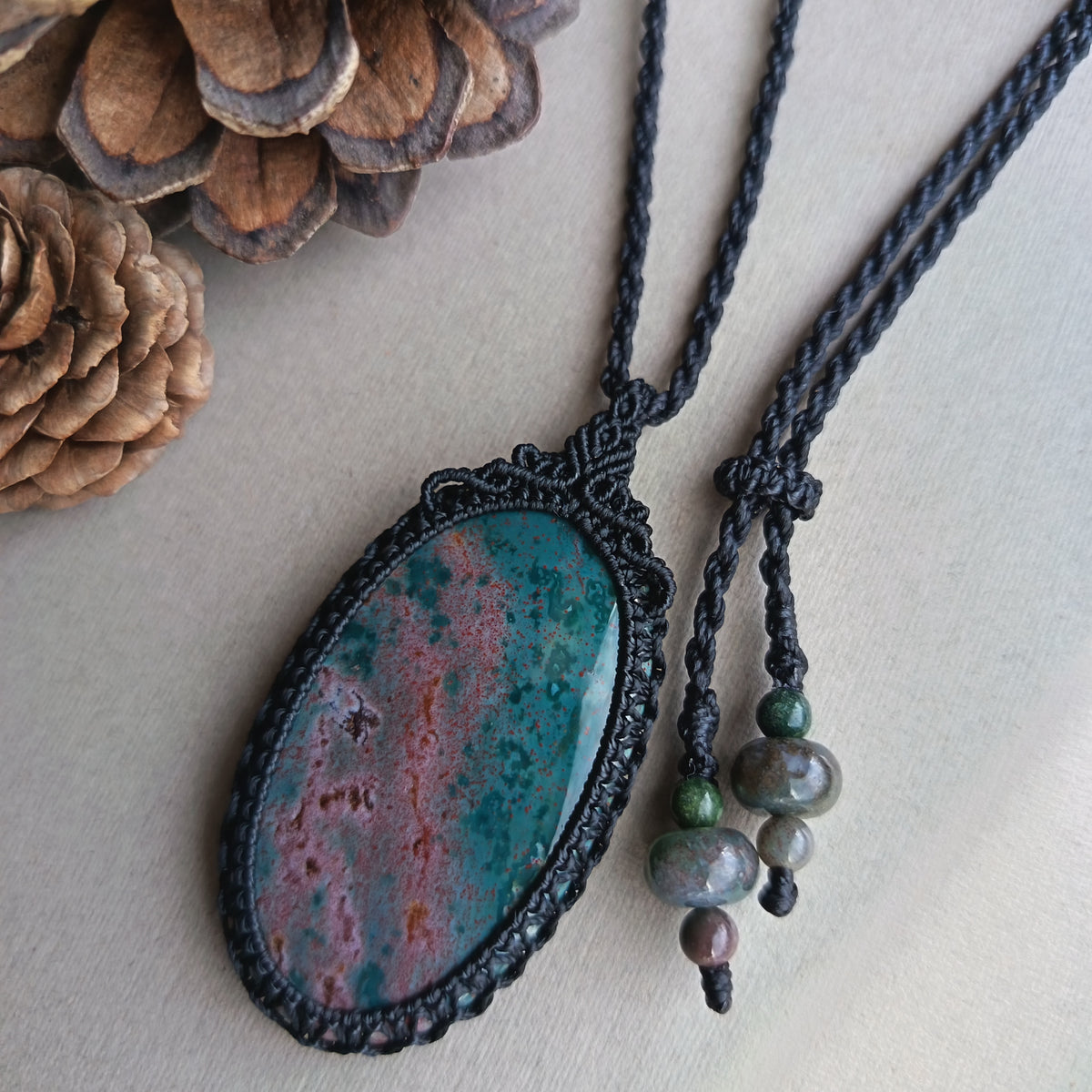 Bloodstone Macrame Necklace | Pendant size 6 cm