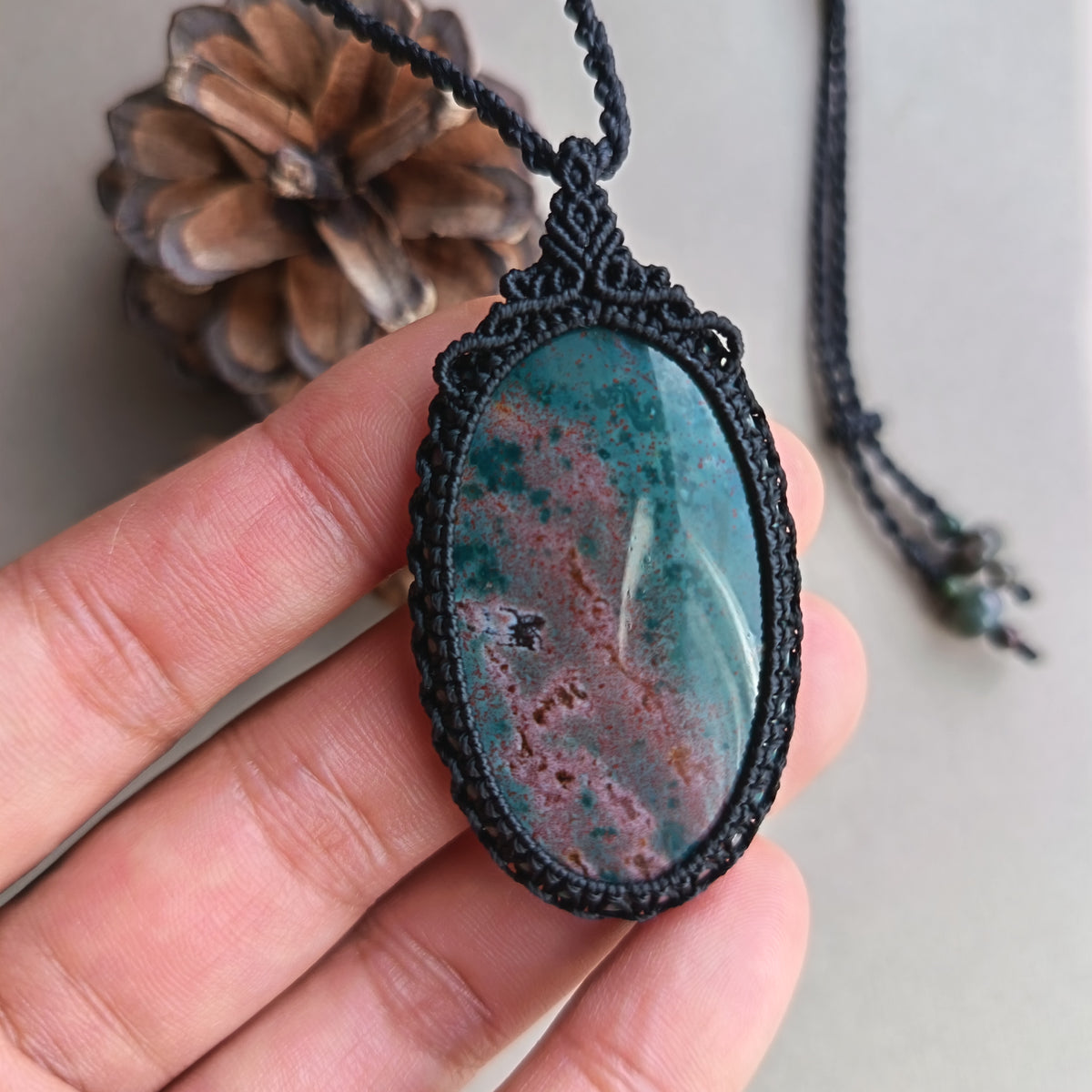 Bloodstone Macrame Necklace | Pendant size 6 cm
