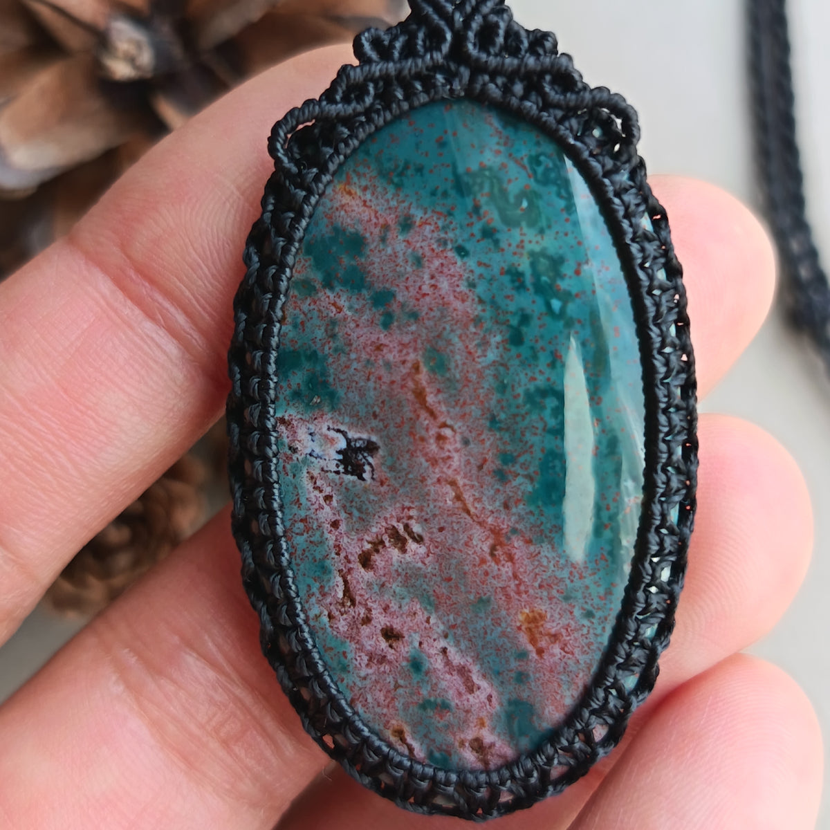 Bloodstone Macrame Necklace | Pendant size 6 cm