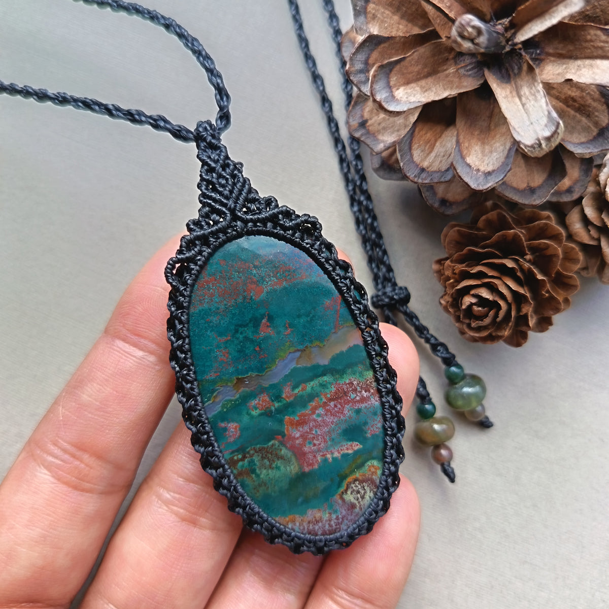 Bloodstone Macrame Necklace | Pendant size 7.5 cm