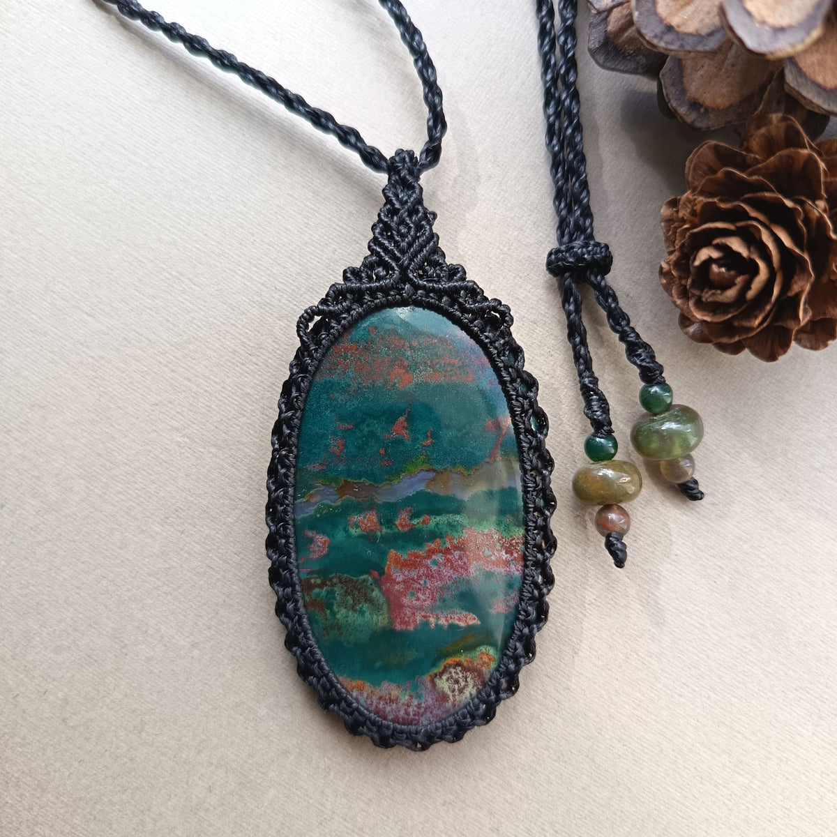 Bloodstone Macrame Necklace | Pendant size 7.5 cm