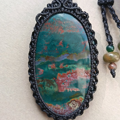 Bloodstone Macrame Necklace | Pendant size 7.5 cm