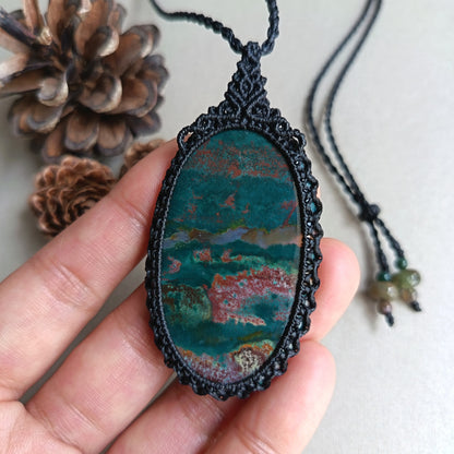 Bloodstone Macrame Necklace | Pendant size 7.5 cm